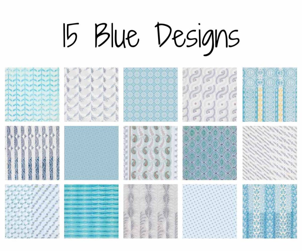 image collage of 15 different blue patterns