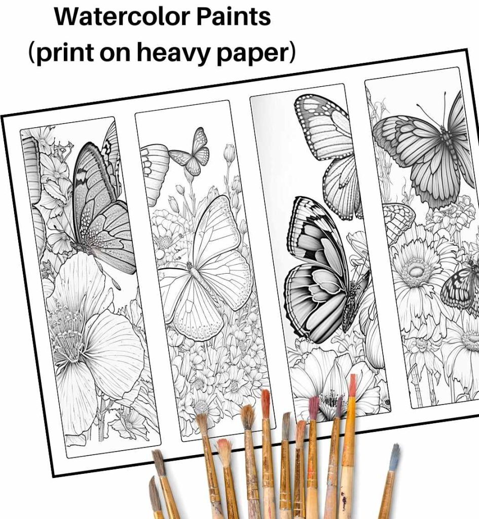 bookmarks coloring page with butterflies and paint brushes
